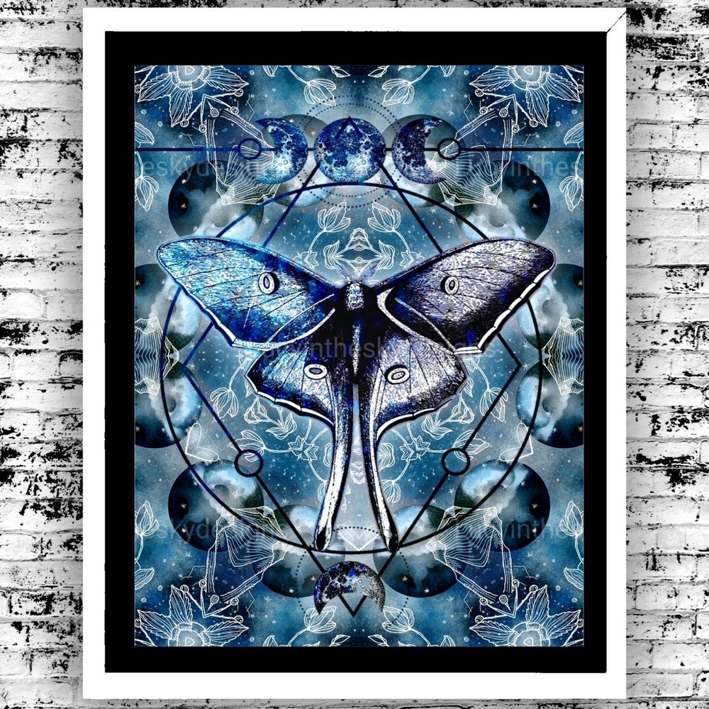 Luna Moth Moon Mandala Spiritual Magickal Blue Art Print
